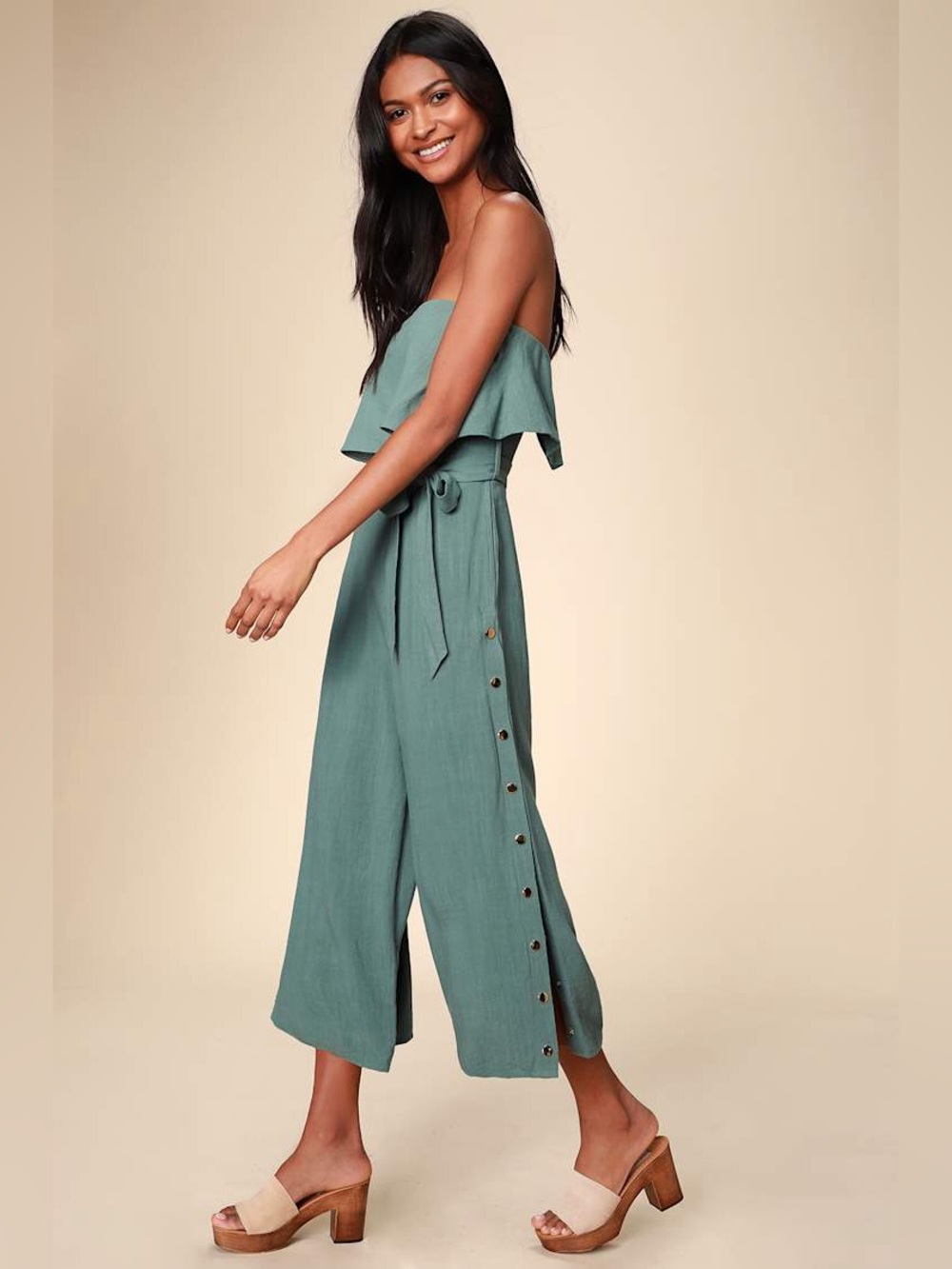 Lanah Sage Green Strapless Jumpsuit